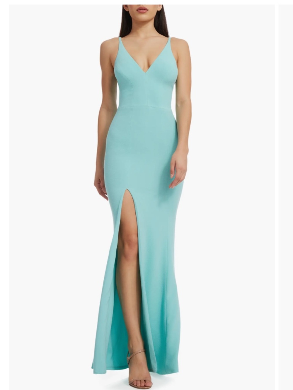 NWT Dress the Population Iris Maxi Slit Crepe Gown Tranquil Blue Mermaid sz M